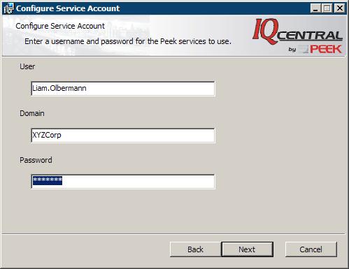 Figure 11 Configure Service Account dialog box The User name and Domain name will be pulled from your computer s Windows environment, based on the currently logged in account.