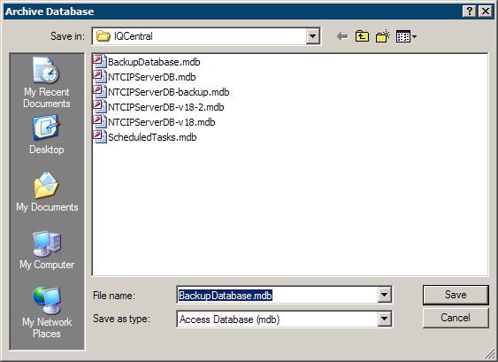 Figure 8 Creating the Archive database file 5. Choose Save to start the archiving. 6. When the database archiving is finished, close the Archive and Restore module, and then exit out of IQ Central. 7.