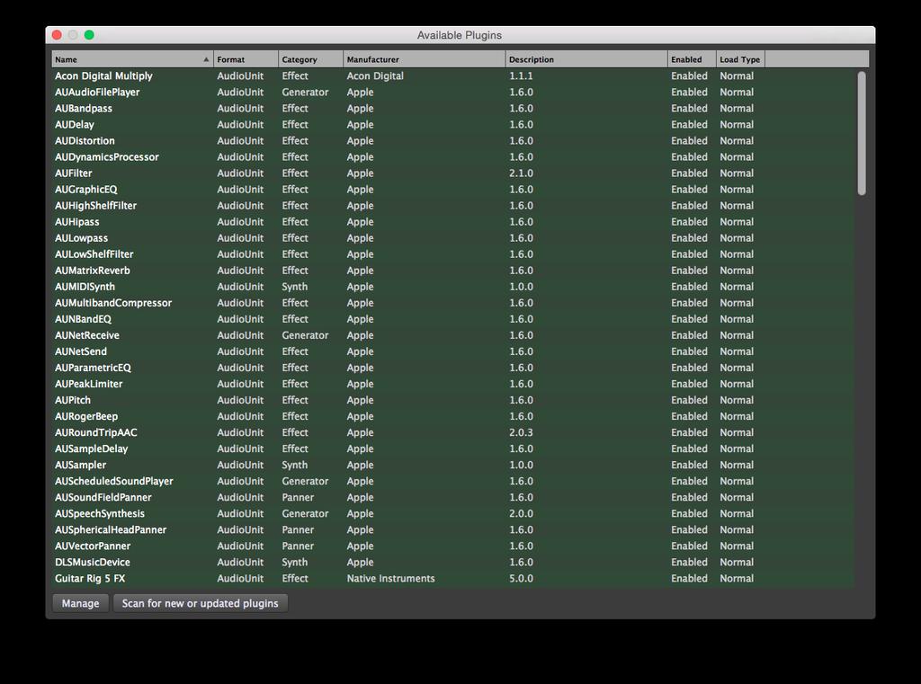 Plugin Manager The Plugin Manager lets you view all of the plugins installed in your system, categorized by name, format (AudioUnit or VST), category (Effect, tone Generator, Synth, Panner, etc.