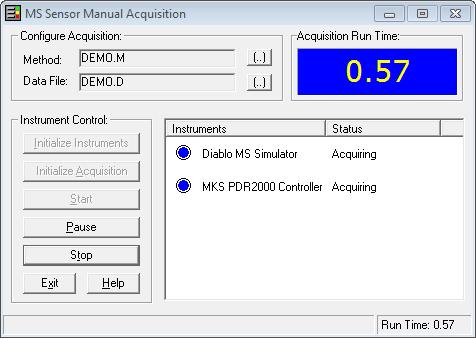 6. Start the run by pressing the "Start" button. The instrument status will switch to "Acquiring", and you should see data start to appear in the real-time grid window and the trend plot windows. 7.