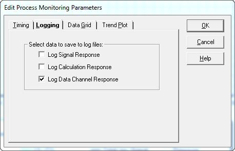 Logging Tab Logging Panel of the Process Monitoring Parameters Dialog Box This tab allows you to select what kinds of data will be saved to log files during a run.