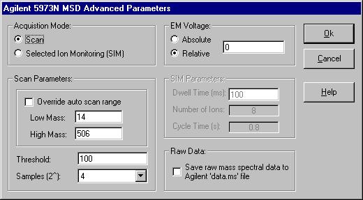 Acquisition Mode The 5973/75 MSD can be configured to collect data in either full scan or Selected Ion Monitoring (SIM) mode. This button allows you to choose which acquisition mode to use.