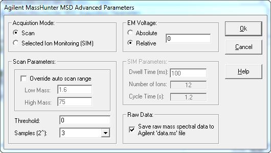 Advanced Configuration The Advanced Configuration dialog allows advanced users to override the default instrument settings for the MSD.