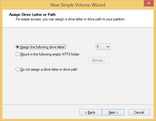 8 Leave the default (maximum size) setting as it is and click Next. 9 Click Assign the following drive letter and specify a drive letter.