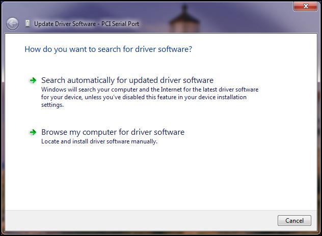 3. Update Driver Software PCI Serial Port screen appears. Select Browse my computer for driver software 4.