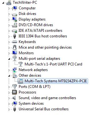 Installation of the modem The Device Manager window will still be open (unless you have closed it then you will need to open it again) and there is a new entry in Other devices: MultiTech System s