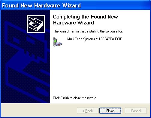 8. A completing the Found New Hardware Wizard screen appears.