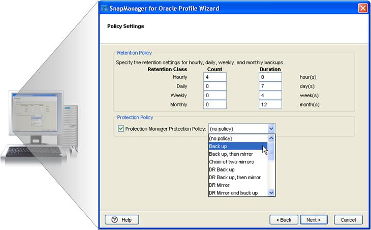Lab Validation: NetApp SnapManager for Oracle 7 Also included in the profile creation wizard are policy settings that define which retention and protection policies are to be used for the profile.