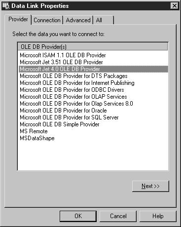 *534_CH08_CMP4.qxd 7/3/01 1:10 PM Page 258 Chapter 8 3. The Jet database providers allow us to connect to a Microsoft Access database.