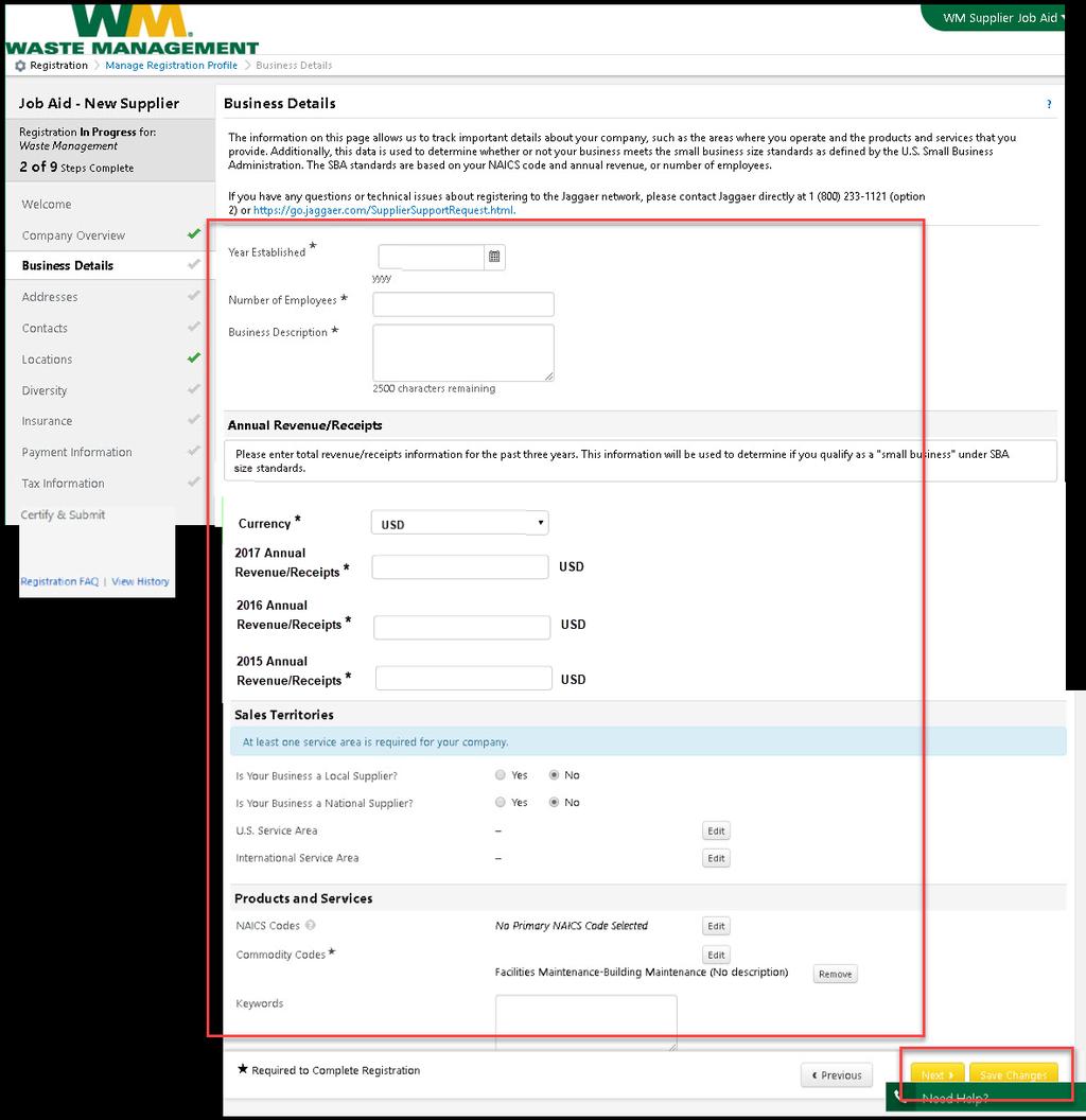 12. At the Business Details screen, complete the information requested making sure to fill-in any required fields at minimum (marked by asterisk *).
