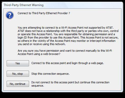 Figure 32: Third-Party Ethernet Warning If you proceed by clicking Yes then you will be shown the Third-Party Login dialog box providing instructions for connecting manually using a web browser based