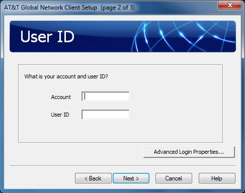 Click Configure to change the Account, User ID, or Network Service. Your default network service is the service defined in the AT&T Administration Server for your specified Account and User ID.