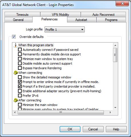 Preferences Preferences define the usability settings for your connection. Preferences are organized by AT&T Global Network Client Profile.