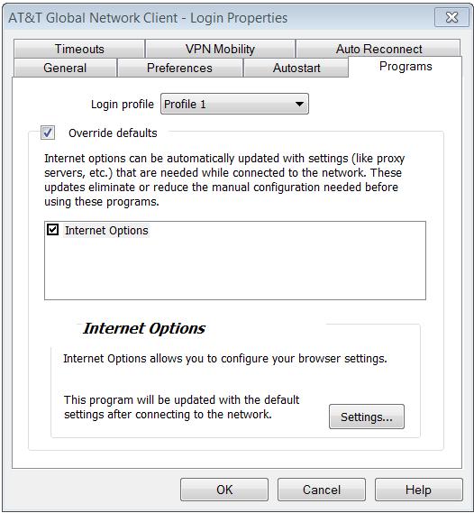 Figure 42: Login Properties - Programs Window To prevent the use of the values from the AT&T Administration Server or to define new values, click Override defaults and select the program you wish to