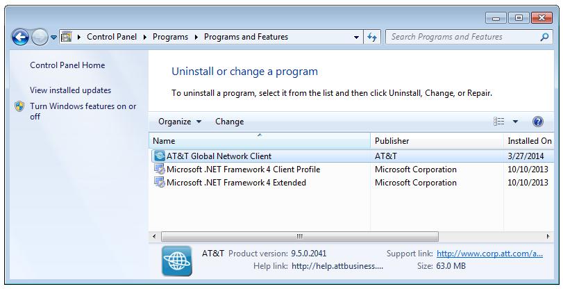 Uninstall The AT&T Global Network Client is removed via the Windows Control Panel, Programs and Features option.