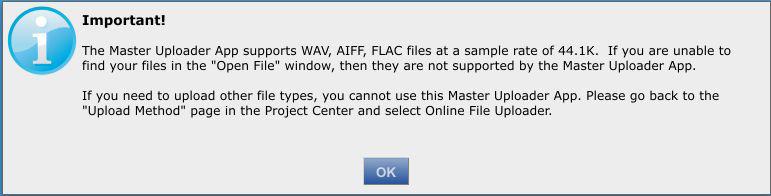 INSTRUCTIONS FOR IMPORTING INDIVIDUAL AUDIO FILES: In the Master Uploader App, click the Load Files button. You will be prompted to enter your client and project information.