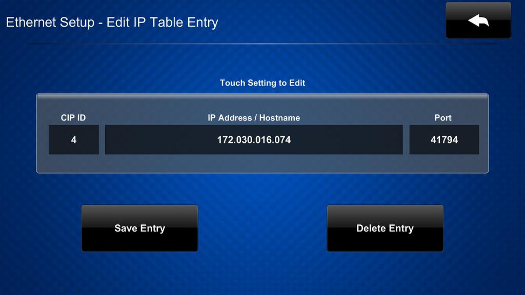 Ethernet Setup - Edit IP Table Entry Screen Tap the CIP ID text field to display the on-screen hex keypad.