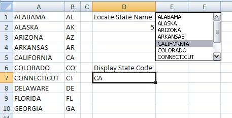 Scroll down the list. When a state name is selected, the Postal Code appears in D7. Using a Check Box A check box results in one of two states.
