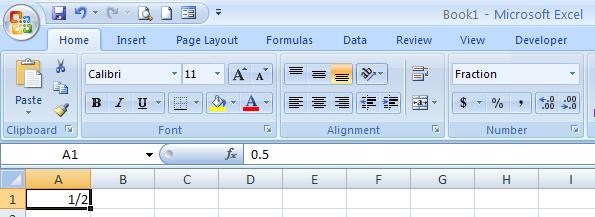 Reformatting the cell as a Fraction using Home > Number, pull down the arrow and select fraction. Then enter the fraction. You MUST format first then enter the data.