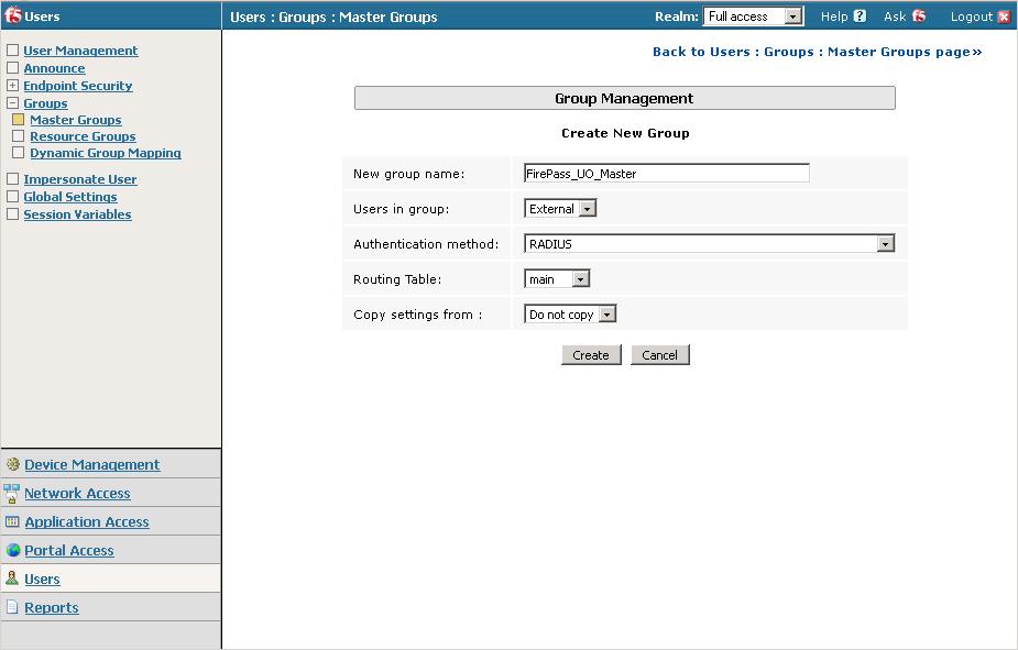 Figure 12 FirePass Create new group page 3. Select the Authentication tab.