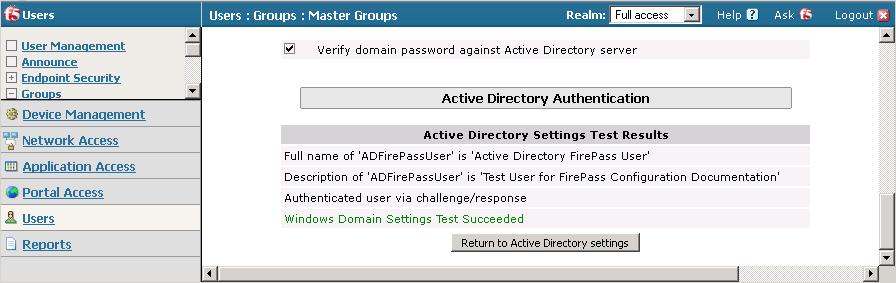 Figure 16 Test Active Directory settings response page Step 5. Configure Dynamic Group Mapping 1.