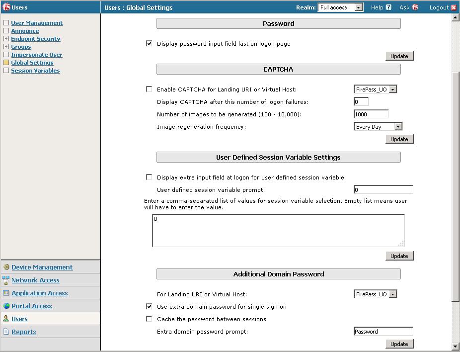 Step 2. Enable Additional Domain Password for URI 1. Select Users Global Settings from the left pane. Figure 6 FirePass User Global Settings page 2.