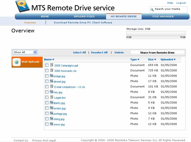 The My Remote Drive Page The My Remote Drive page displays all files that have been uploaded to your Web Uploads folder in your online storage.