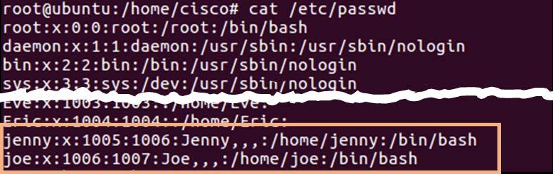 root@ubuntu:/home/cisco# cat /etc/passwd Step 6: View the created users in the shadow file.