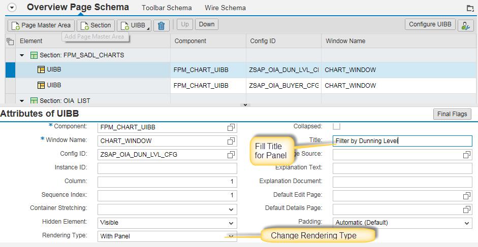 4. Change Rendering Type of chart component with Config Id ZSAP_OIA_BUYER_CFG to With Panel and set title for this component s panel as Filter by Buyers.