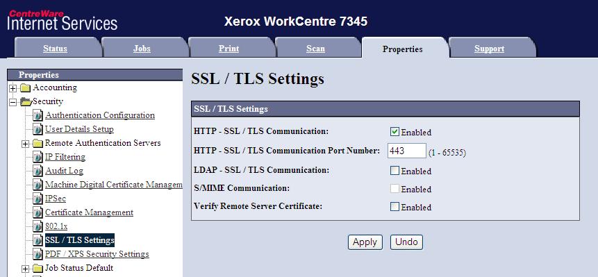 6 Expand the Security folder in the left pane, then select SSL/TLS Settings. 7 Enable HTTP SSL/TLS Communication, and click Apply.