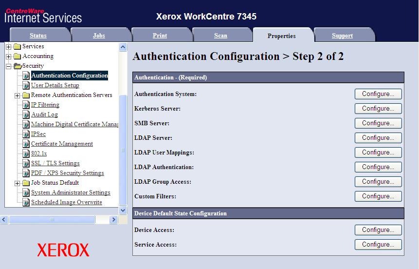 5 On the Authentication Configuration > Step 2 of 2 screen, click the Configure button located beside the Service