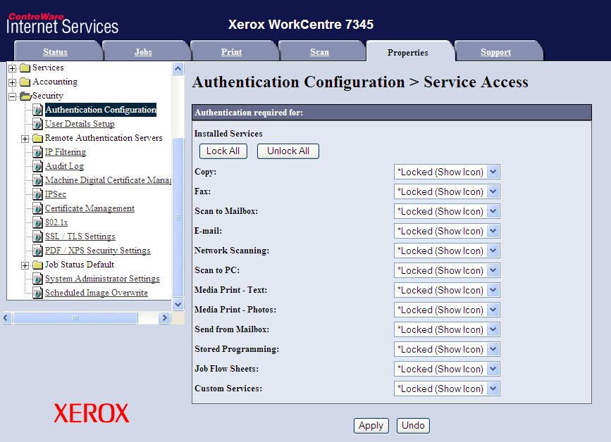 6 On the Service Access screen, choose the services you want to lock.