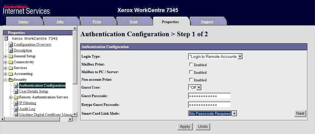 Configuring Smart Card Through Xerox Authentication 1 Start a web browser, and enter the IP address of the Xerox device in the Address field.