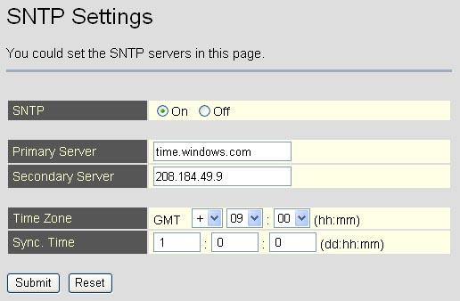 3.4.2 SNTP Settings You can setup the primary and second SNTP Server IP Address, to get the date/time information.