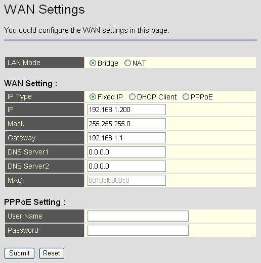 The WAN port default is DHCP Client mode. You can change the setting to Fixed IP mode, or PPPoE mode. If you change the WAN port s setting to Fix IP mode, then you have to make sure the IP address.