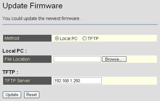 Update from Local PC: Click Browse at the right side of the File Location to select a firmware or you can type the correct path and the filename in File Location blank.