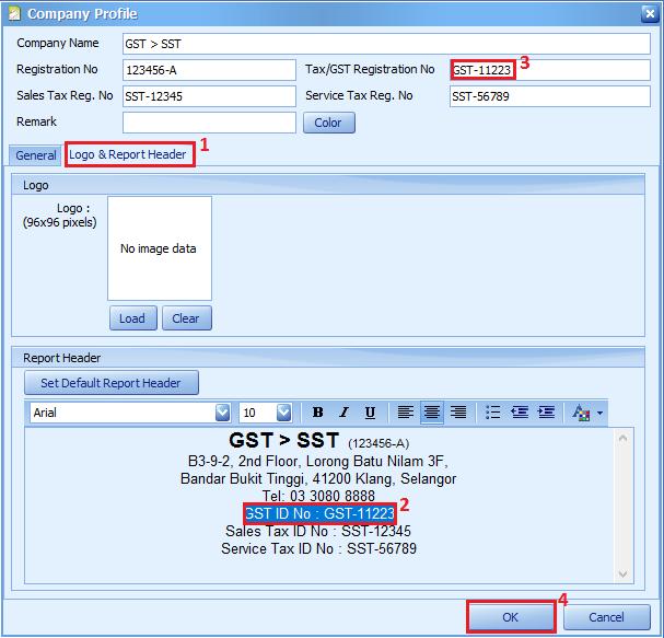 9. How to remove GST ID on report header If you are using default report header, go to General Maintenance > Company Profile 1. Navigate to Logo & Report Header tab. 2.