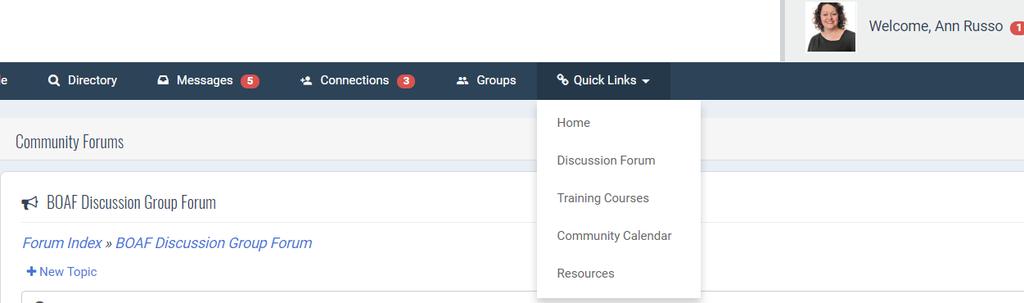 Additionally, when you are logged in to your member profile on the BOAF website, you may access the Discussion Forum from the Quick Links dropdown.