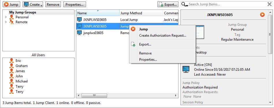 Start an Access Session through a Jump Client Once a Jump Client has been installed on a remote computer, permitted users can use the Jump Client to initiate a session with that computer, even if the