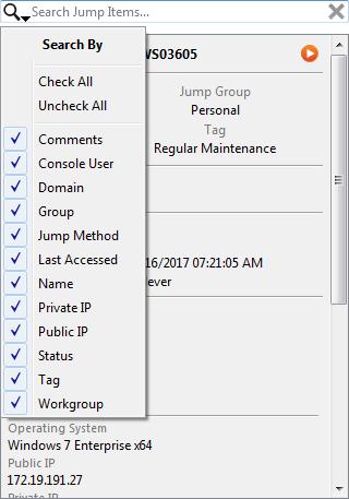 Note: In addition to Jump Clients, you may also see Jump shortcuts for Remote Jumps, Local Jumps, RDP sessions, VNC sessions, and Shell Jumps.