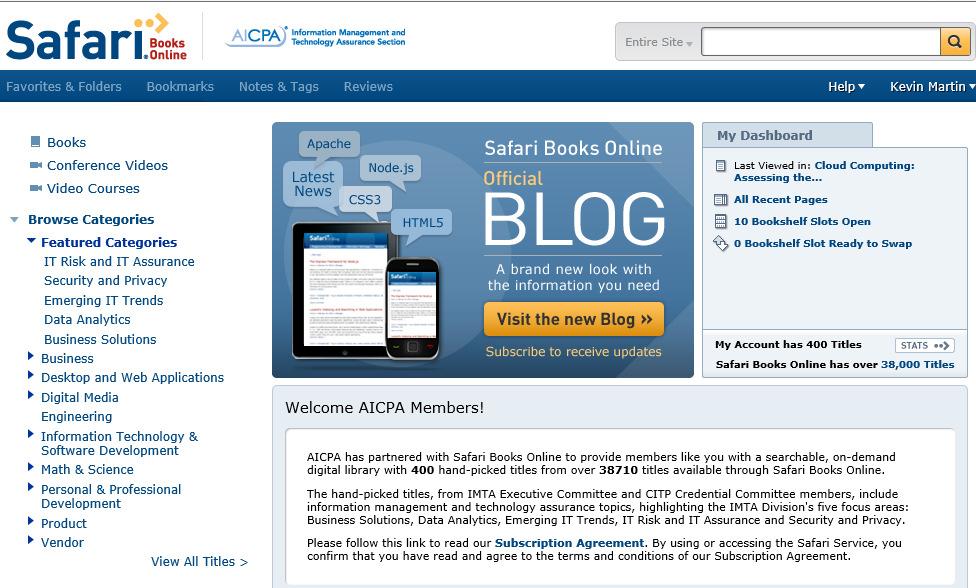 Resources for CPAs/AICPA members Safari Books Online Subscription at no additional cost if IMTA section member IMTA (Information Management and