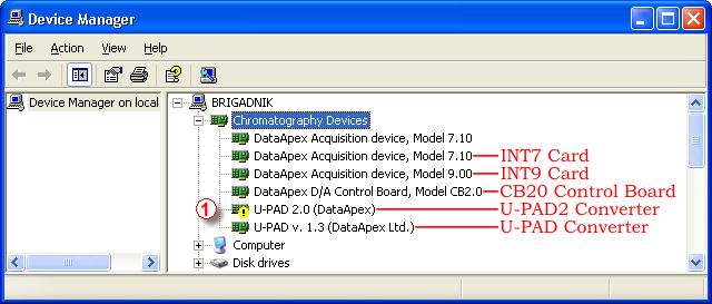 U-PAD A/D Converter 5 Troubleshooting Fig 20: Device Manager in Windows XP Error status of the driver may be one of the following: If the " Chromatography Device U- PAD v. 1.3 (DataApex Ltd.