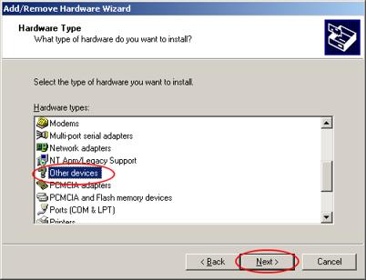 Fig 33: Step 4 of Add/Remove Hardware Wizard In the Hardware types list select the Other