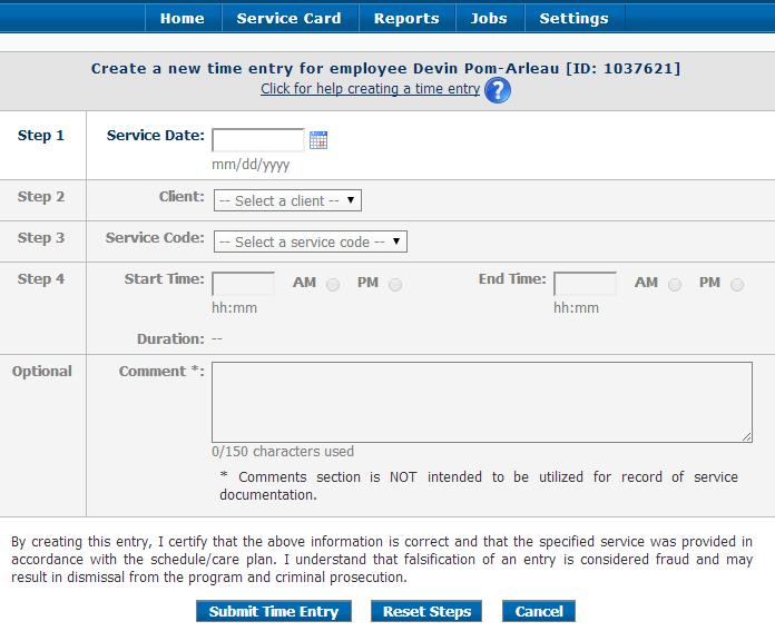 Create a New Time Entry by clicking the Submit Time Entry button. This will open the service card window (Figure 9).