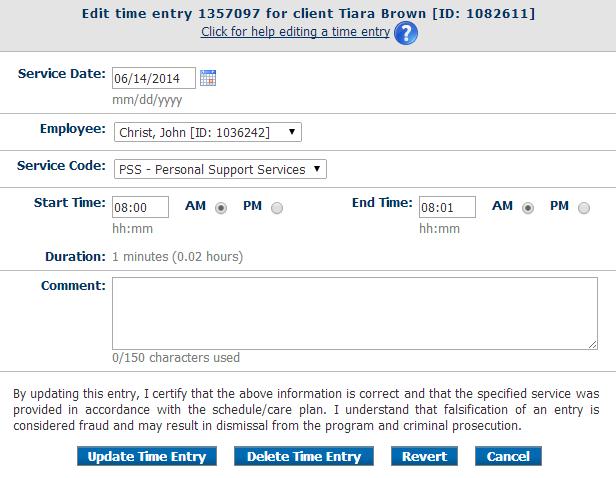 Figure 12. Payroll Status Edit or Delete Time Entry If you saved a time entry with the wrong information, click the edit icon in the time card area (Figure 11) to make corrections to the entry.