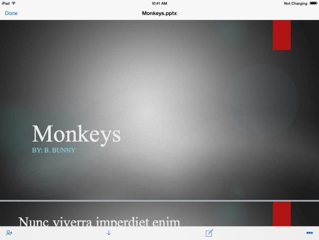 With the OneDrive app you will be able to open and preview or edit your files. To view a file simply tap the file. For example, we will tap on a presentation about Monkeys.