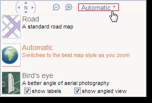 Adjust the zoom level Switch between Road Map, Birds Eye Map, or Automatic. The automatic setting chooses the map type to be displayed based on the current zoom level.