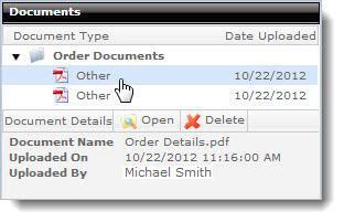 To remove the document from the order, click Delete If no documents have been attached to this order, a message is displayed stating that No documents are attached to this order, yet.