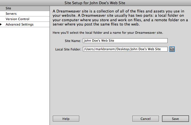 Configuring Dreamweaver CS5 To configure Dreamweaver CS5: 1. On the Site menu, click New Site.. 2. In the Site Name field, enter the name of your site.