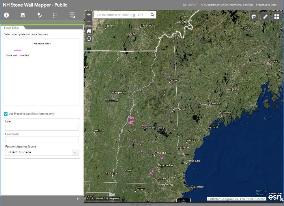 Navigating in the Main Map The NH Stone Wall Mapper opens with a statewide map of NH displayed.